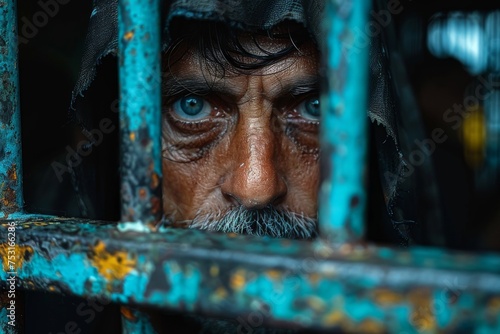 An intense portrait of a bearded man with a piercing gaze looking through worn prison bars