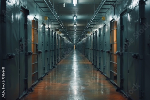 This image depicts a sleek, modern corridor of a high-security prison, portraying a sense of control and surveillance