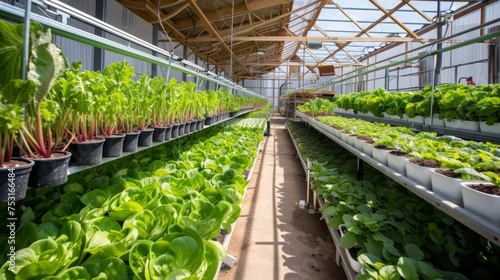 Close up shelves with salad, greens and young microgreens in pots under LED lamps on hydroponic vertical farms. Concept of agriculture business of future 