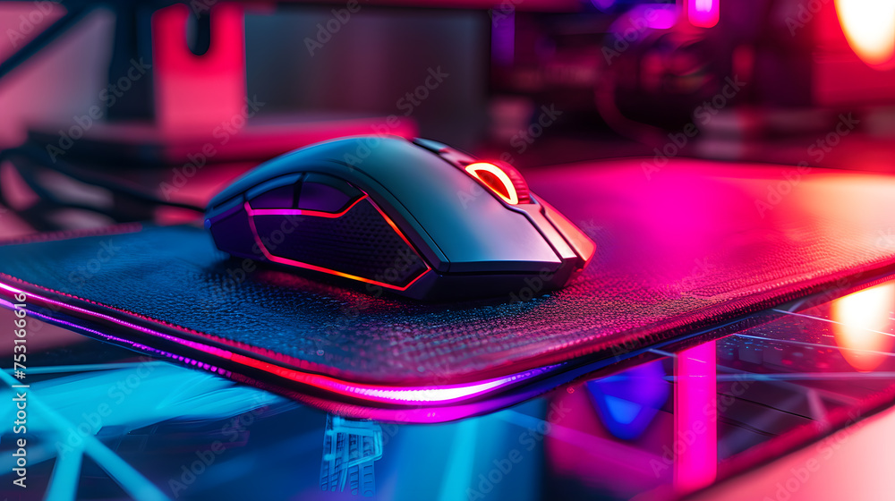 Photo of the mousepad and mouse. RGB lighting indicates gaming devices on the table. Dark gaming room Photo of the mousepad and mouse. RGB lighting indicates gaming devices on the table. Dark gaming room