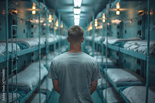 Man with a short haircut standing, facing a row of neatly arranged empty beds in a dormitory with symmetrical design