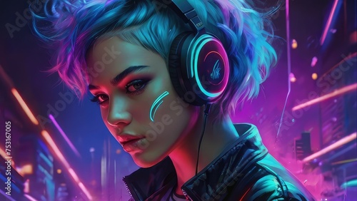 Young girl with short hair listens to music in large headphones. Neon light on background, disco style atmosphere, disco art