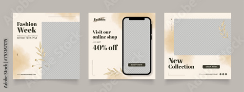 Social media template banner blog fashion sale promotion. fully editable instagram and facebook square post frame puzzle organic sale poster. brown beige watercolor vector background