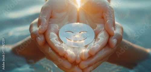 Hands cradling a perfect paper cut smiling face on a sparkling, clear water droplet, symbolizing the clarity and purity of joy found in lifea??s simplest elements © Hanzala