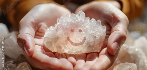 Hands cradling a perfect paper cut smiling face on a small, radiant piece of quartz, its natural beauty symbolizing the enduring joy found in naturea??s embrace photo
