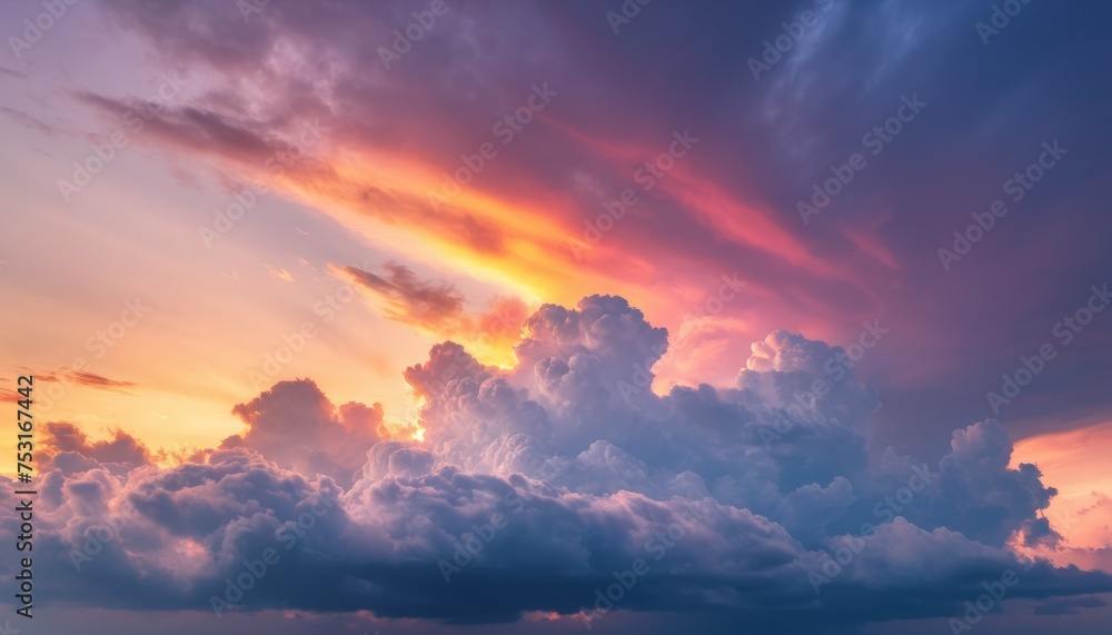 Fototapeta premium Ornamental clouds. Dramatic sky. Epic storm cloudscape. Soft sunlight. Panoramic image, texture, background, graphic resources, design, copy space. Meteorology, heaven, hope, peace concept