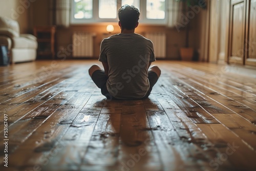 Rear view of a man meditating or contemplating while sitting alone in a spacious wooden floored room