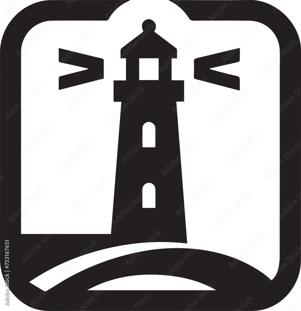 lighthouse isolated on a white background on a hill with water in front of it in a icon box lighthouse isolated on a white background on a hill with water in front of it in a icon box