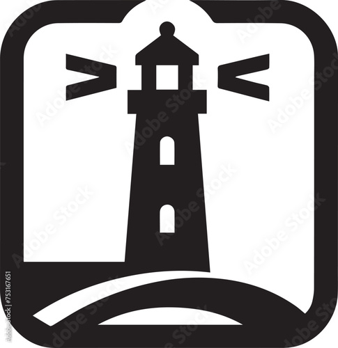 lighthouse isolated on a white background on a hill with water in front of it in a icon box
