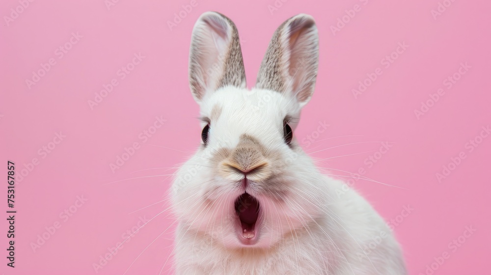 Obraz premium A cute white rabbit with a surprised face and open mouth on a pink background. Easter symbol, space for text