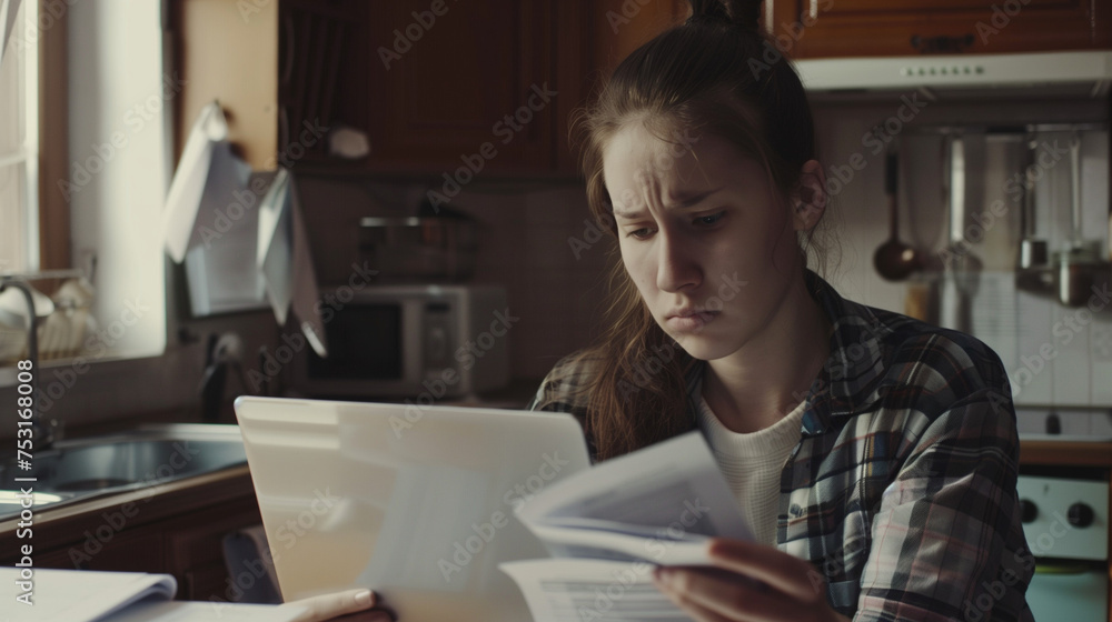 Stressed Young Woman looking at papers and bills with stressful face, Managing Finances with Laptop in Kitchen. Household budget, tax issue , late fees and penalties concept. Stressed Young Woman looking at papers and bills with stressful face, Managing Finances with Laptop in Kitchen. Household budget, tax issue , late fees and penalties concept.