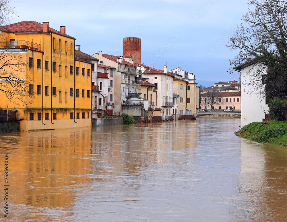 Houses on the banks of the Bacchiglione River at risk of flooding in the city of VICENZA in Italy after torrential rains