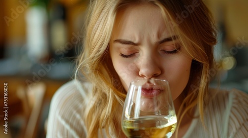 drunk and sad blond woman holding glass of red wine with a dissatisfied grimace on his face. Not tasty wine
