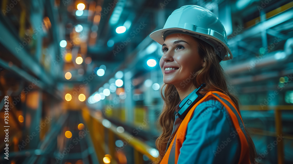 Portrait of industrial worker standing with tablet holding in her hand feeling proud and confident looking for the new opportunity, Concept business continuity, Industry business continuity planning.