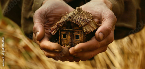 Hands cupping a miniature house with a thatched roof, representing the traditional and timeless nature of home across all seasons © Hanzala