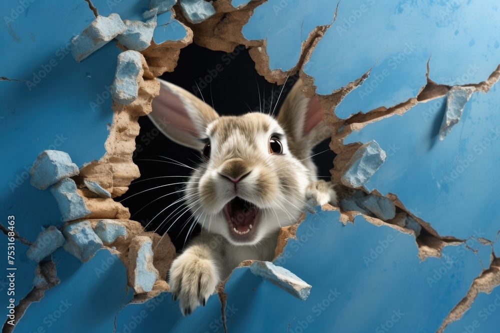 Fototapeta premium Rabbit peeking through a torn blue paper hole.