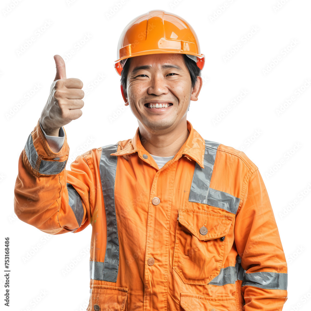 Portrait of asian male construction worker, giving a thumbs up and smiling happily, waist up photo, isolated on white Portrait of asian male construction worker, giving a thumbs up and smiling happily, waist up photo, isolated on white