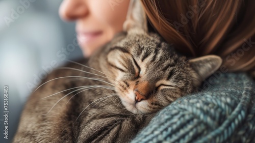 Cute and heartwarming close-up of a cat being embraced, with a content expression, symbolic of National Hug Your Cat Day