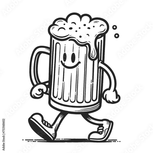 walking animated beer mug with a cheerful face, in a vintage black and white engraving style sketch engraving generative ai vector illustration. Scratch board imitation. Black and white image.