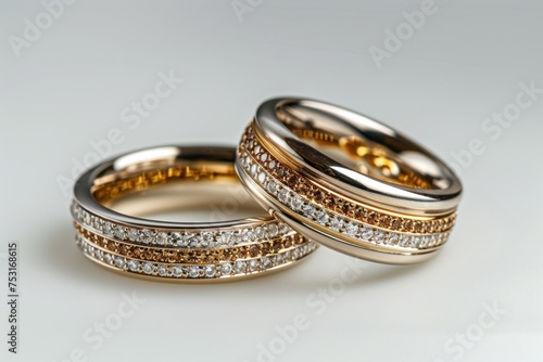 Two wedding rings are placed on top of each other, symbolizing unity and commitment in marriage. The rings gleam in the light, showcasing their everlasting bond