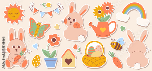 Easter sticker set. Cute easter rabbits with traditional festive decor