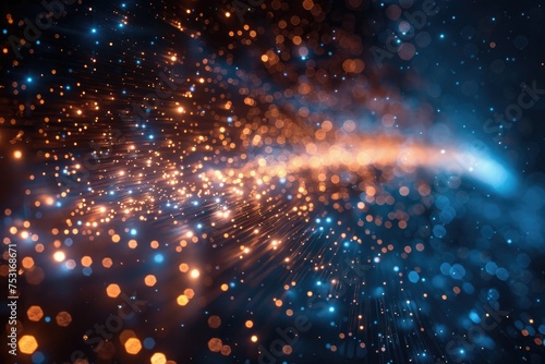 A close-up view of fiber optic cables with vibrant orange and blue light particles streaming along the lines, symbolizing high-speed data transmission.