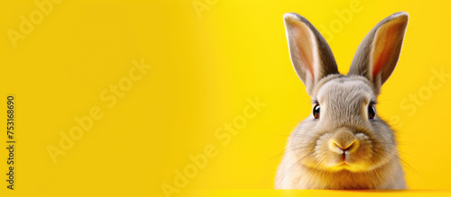 Curious rabbit peeking over the edge with a bright yellow background, showcasing playful and cute features.