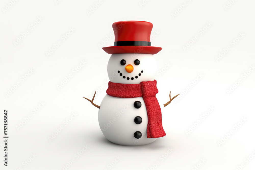 A dapper snowman adorned with a red top hat and scarf, coal buttons, and a carrot nose against a white backdrop.