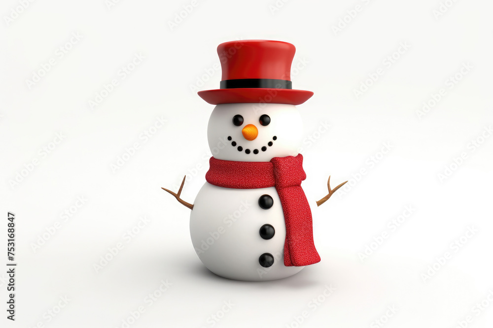 A dapper snowman adorned with a red top hat and scarf, coal buttons, and a carrot nose against a white backdrop. A dapper snowman adorned with a red top hat and scarf, coal buttons, and a carrot nose against a white backdrop.