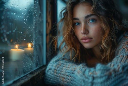Woman looking outside a rainy window with candles, feeling cozy and contemplative