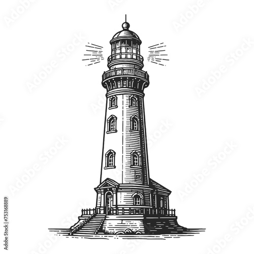 vintage lighthouse with beams of light, depicted in an engraved style. Sketch engraving generative ai vector illustration. Scratch board imitation. Black and white image.