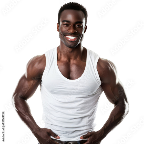 Studio portrait of a happy handsome African American model man with clean healthy skin, full view waist up, isolated on white