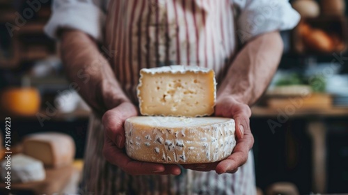 Artisan cheese maker holding matured wheels of cheese. © Evon J
