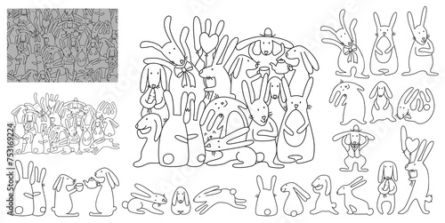 Big collection of different bunny poses with seamless pattern with hares. Hand drawn line art doodle vector illustration