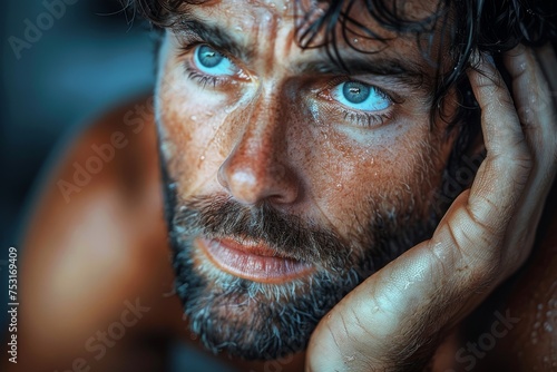 A close-up portrait of a man with blue eyes and water droplets on his face, conveying emotion