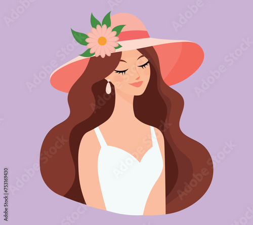 Beautiful woman with hat with flowers, illustration in harmonic tones, for background designers