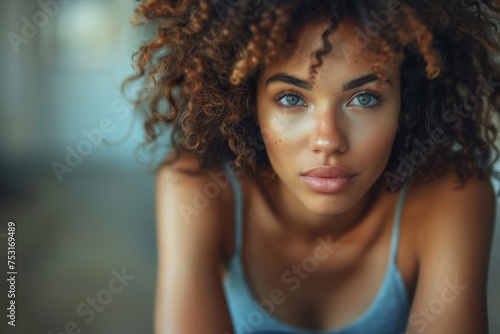 A close-up portrait featuring a woman's captivating green eyes and freckles, exuding warmth photo