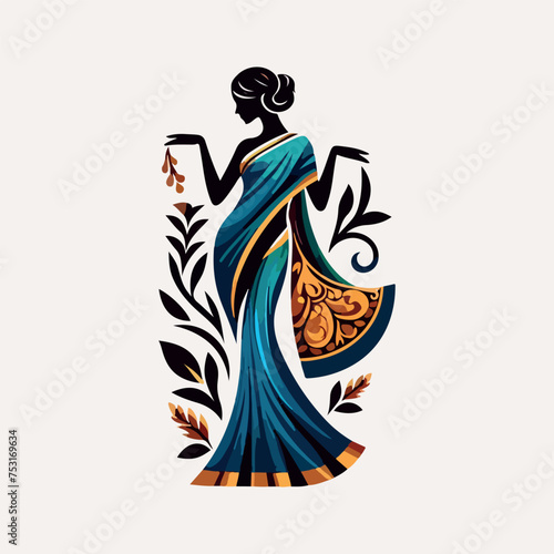 Fashion saree logo design with women figure template or clothing logo design illustration, Generative Ai.