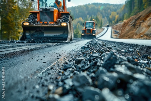 Road construction with view of two human workers beyond road machinery surfacing with asphalt 