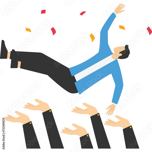 winning a prize, success in work or goal achievement congratulation party concept, job promotion celebration, happy company colleagues throwing their happy boss in the air celebrating team success.