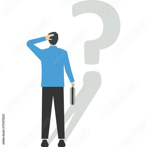 Confusion concept, uncertainty or self doubt, question to answer or find solution to solve problem concept, find meaning in life, curious businessman looking at self reflection as question mark.