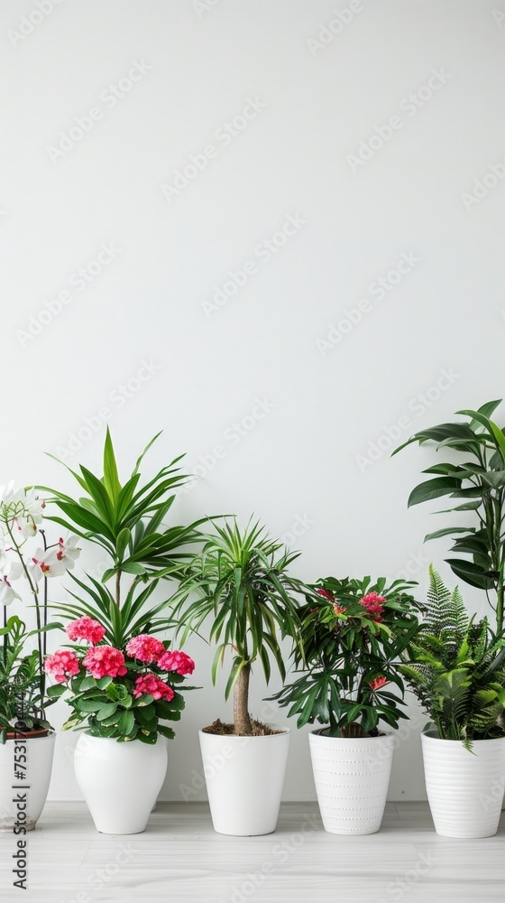 different kind of exotic plants in white pots with clear white background. All in a single row. different kind of exotic plants in white pots with clear white background. All in a single row.