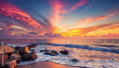 Seascape at sunset, stones on the sandy beach of the ocean.