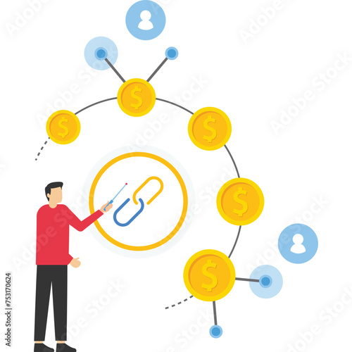 hierarchical financial system or structure, money profit chain, company affiliation. woman pointing at dollar coin diagram. Affiliate marketing concept, Modern flat colorful vector illustration.