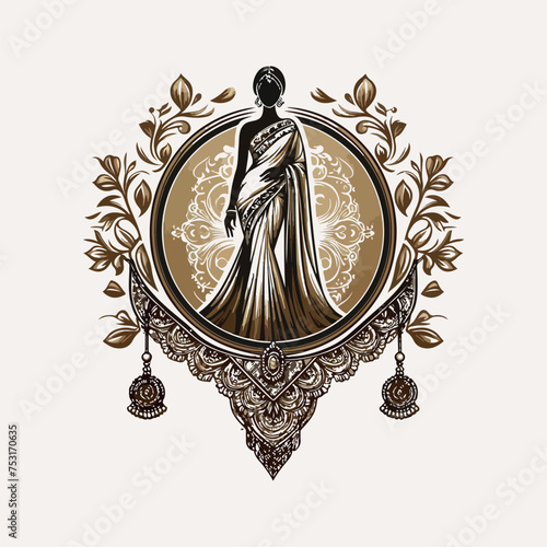 Fashion saree logo design with women figure template or clothing logo design illustration, Generative Ai.