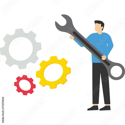 Technical service concept, mechanical repair, maintenance work, man holding wrench, screwdriver and gears. professional support, help or assistance. Modern flat vector illustration.