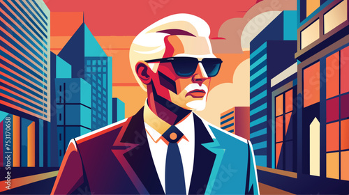 Stylized Vector Illustration of a Sophisticated Man in an Urban Setting at Sunset
