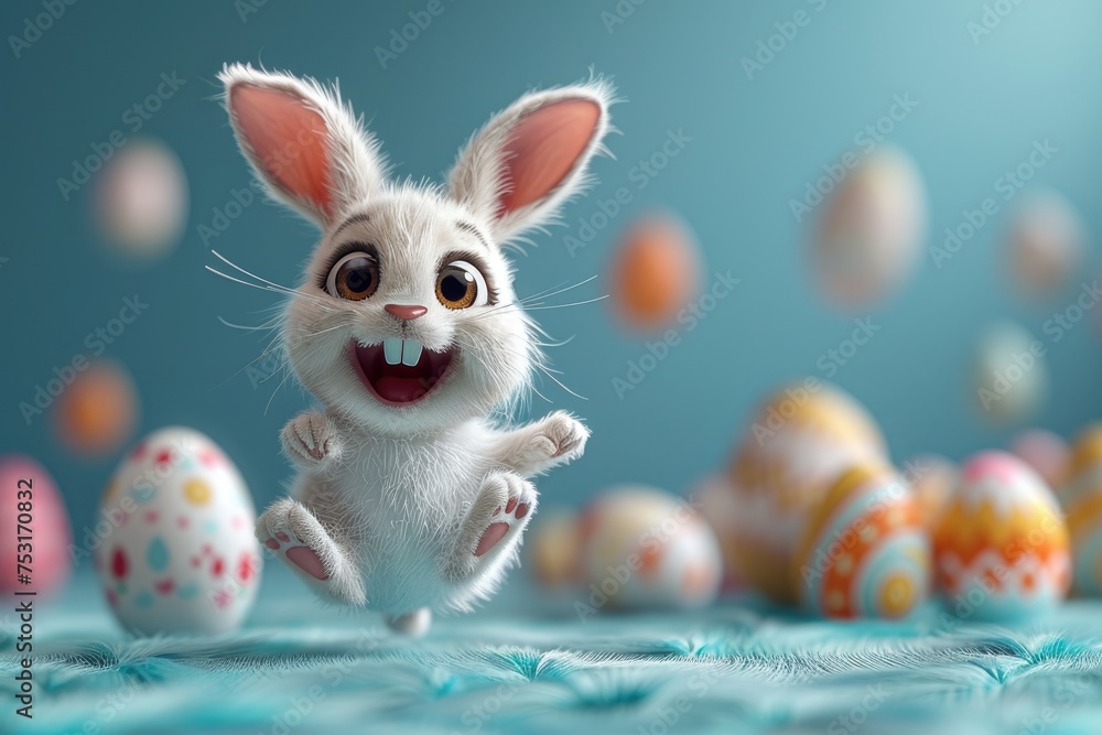 Fototapeta premium Illustrastion of cute Easter bunny with colorful Easter eggs on a monochrome blue background