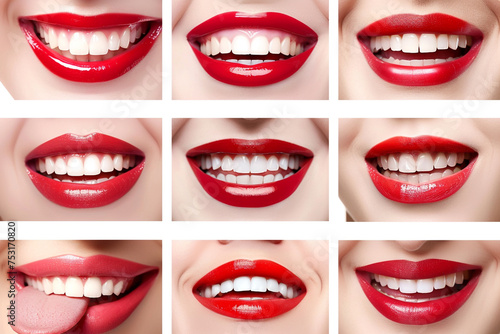 Woman s lip set. Girl mouth close up with red lipstick makeup expressing view