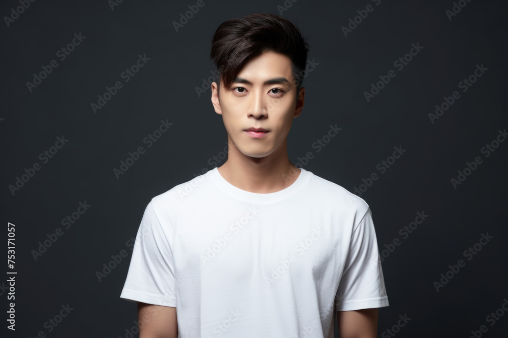 Young Asian Man in White T-Shirt. Studio Portrait with Dark Background. Young Asian Man in White T-Shirt. Studio Portrait with Dark Background.